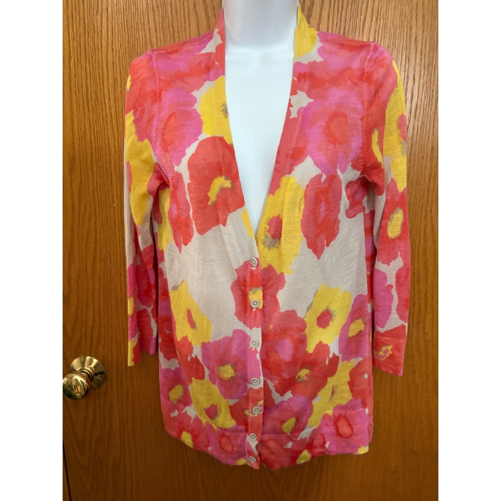 Ann Taylor LOFT Pink Yellow Floral Button Front Cardigan Sweater Womens Medium